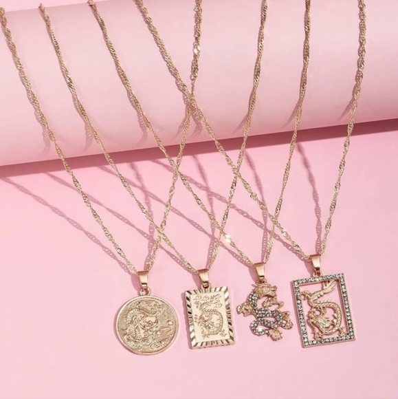 GOLD 4 PIECE DRAGON CHARMS ROPE CHAIN LAYERED NECKLACE SET SEXY RETRO LUXURY - Picture 3 of 3